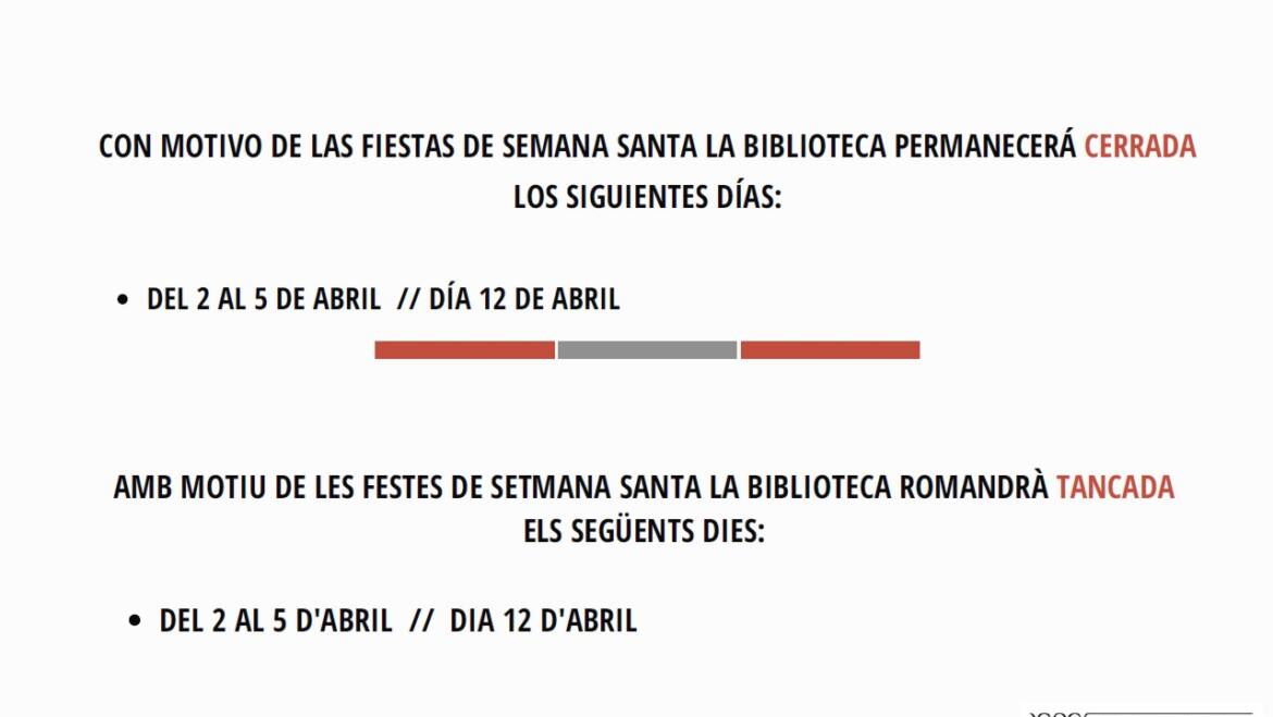 Tancament de les biblioteques municipals durant la Setmana Santa 2021