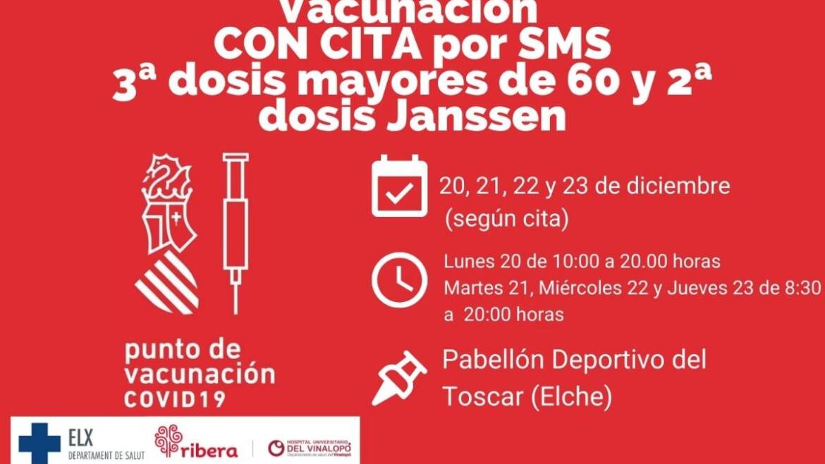 El Ayuntamiento de Elche habilita del 20 al 23 de diciembre el Polideportivo de El Toscar para administrar dosis de refuerzo contra el covid-19 a personas de 60 a 64 años