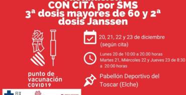 El Ayuntamiento de Elche habilita del 20 al 23 de diciembre el Polideportivo de El Toscar para administrar dosis de refuerzo contra el covid-19 a personas de 60 a 64 años