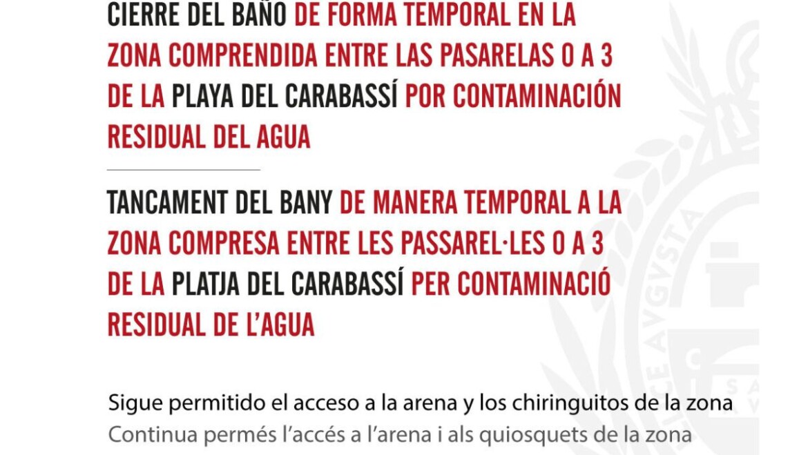 El Ayuntamiento cierra al baño de forma temporal la zona comprendida entre las pasarelas 0 y 3 de la playa del Carabassí por contaminación residual del agua