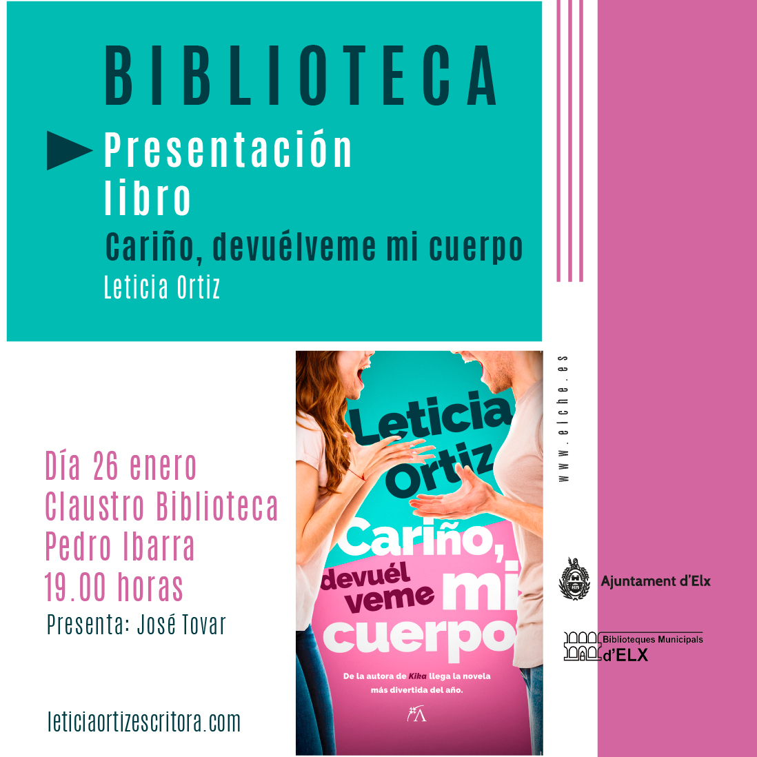 Presentación del libro «Cariño, devuélveme mi cuerpo» de la escritora Leticia Ortiz en la Biblioteca Pedro Ibarra