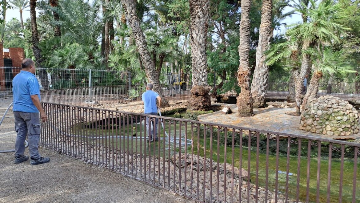 Las brigadas municipales realizan el vaciado y limpieza del estanque de patos del parque