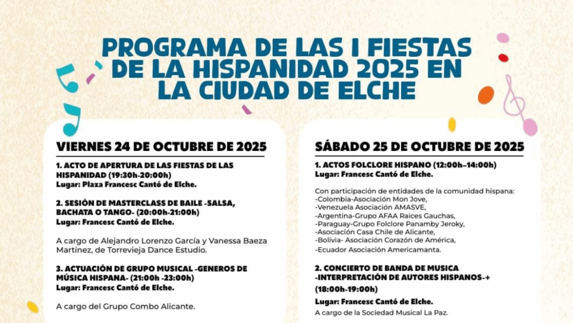 Elche celebra las I Fiestas de la Hispanidad el 24 y 25 de octubre tras su aplazamiento por lluvia