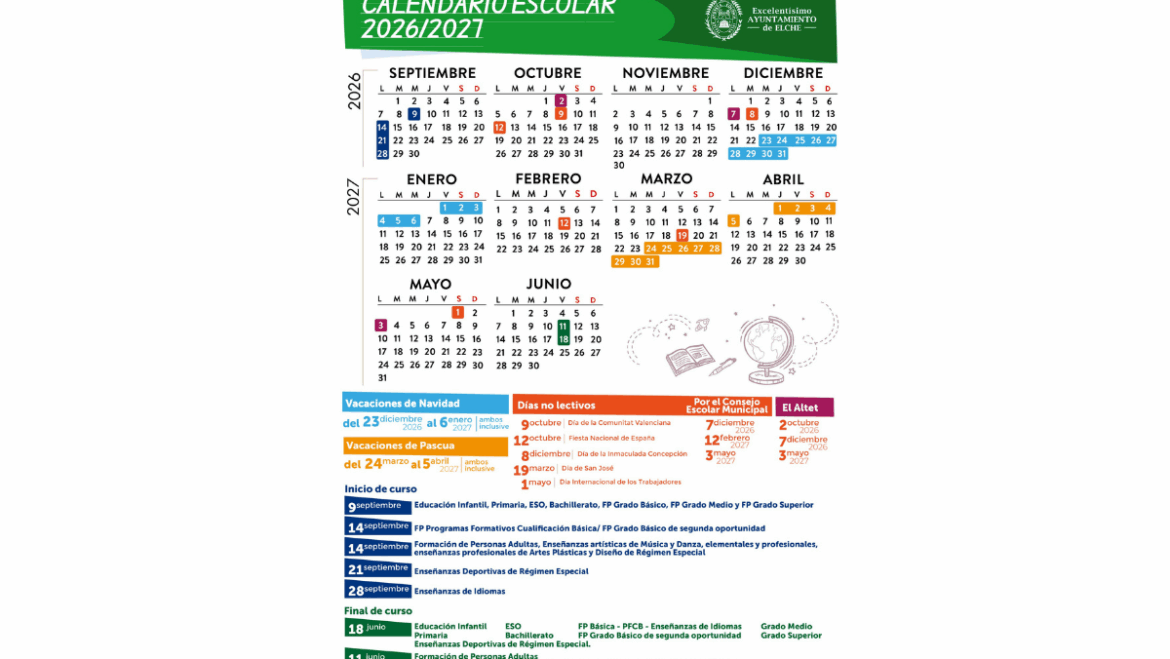Elx aprova el calendari escolar definitiu per al curs 2026-2027 amb un dia no lectiu més per Setmana Santa